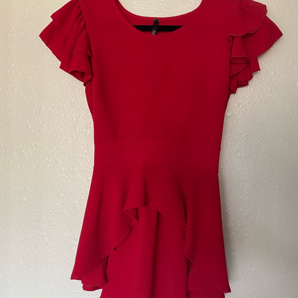 Red Fit and Flare Dress with Ruffled Ribbed Cap Sleeves